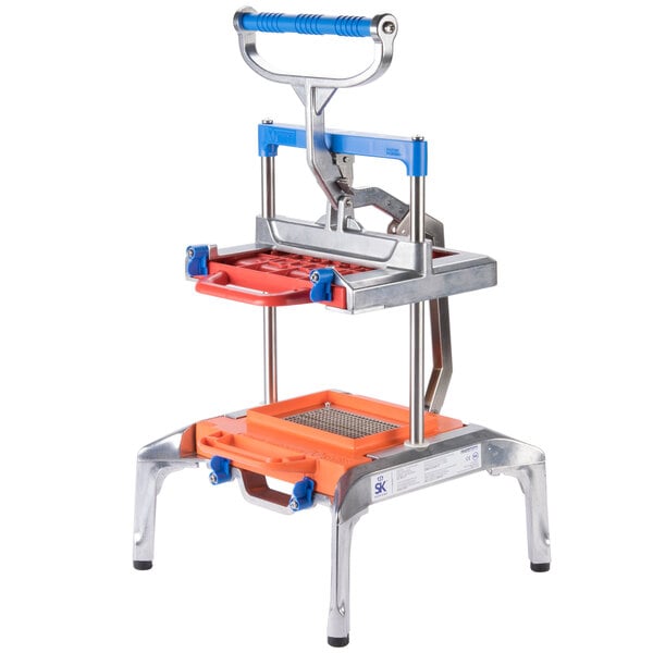 A metal and blue Prince Castle Saber King 1/4" Dicer with plastic parts.