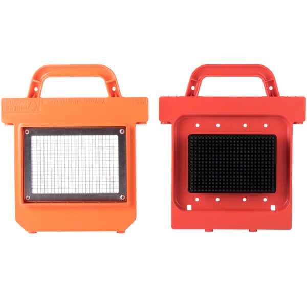 An orange and black Prince Castle Saber King dicer with a black grid.