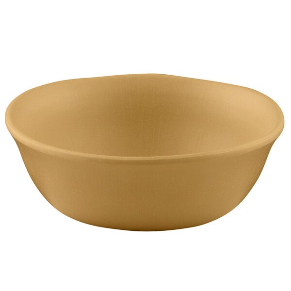 A close-up of an Elite Global Solutions Rattan-Colored Melamine Bowl.