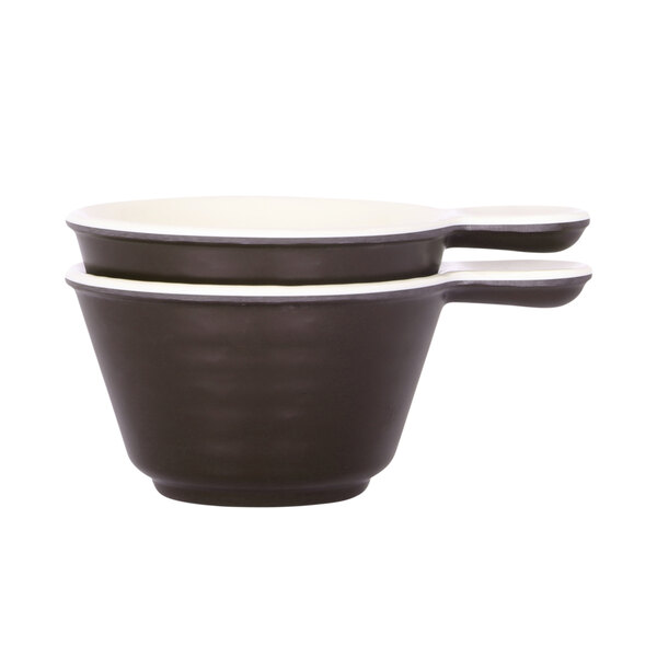 Two black and white Elite Global Solutions melamine handled bowls.