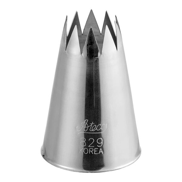 A silver metal Ateco open star piping tip with a cone shape and star pattern.