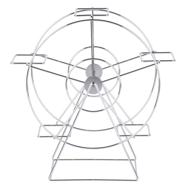 A metal ferris wheel rack with 5 baskets on a white background.