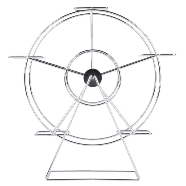 A chrome metal Ferris wheel rack with circular baskets.