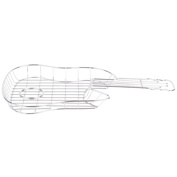 A metal guitar-shaped basket with a curved edge and a condiment holder.
