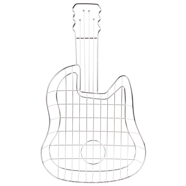 A wire mesh basket shaped like a guitar with a condiment holder.