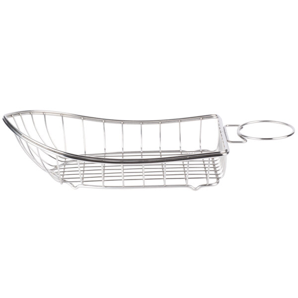A stainless steel Clipper Mill boat basket with a handle.