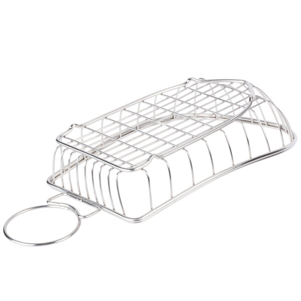 A Clipper Mill stainless steel boat basket with a condiment holder ring on a metal rack.