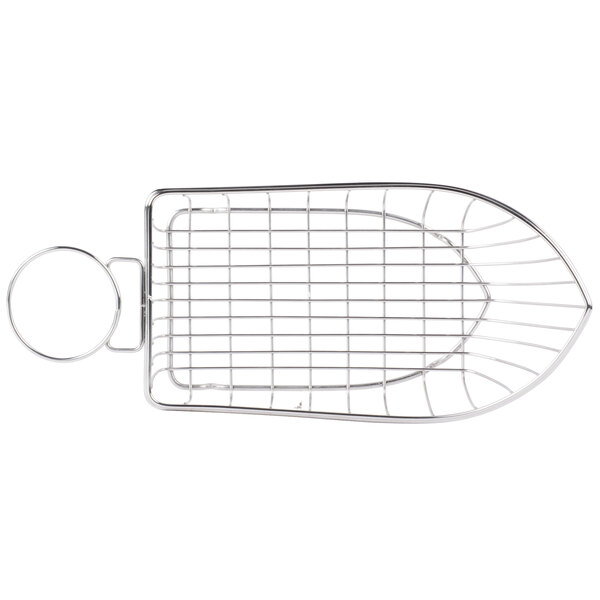 A stainless steel Clipper Mill wire boat basket with a handle.