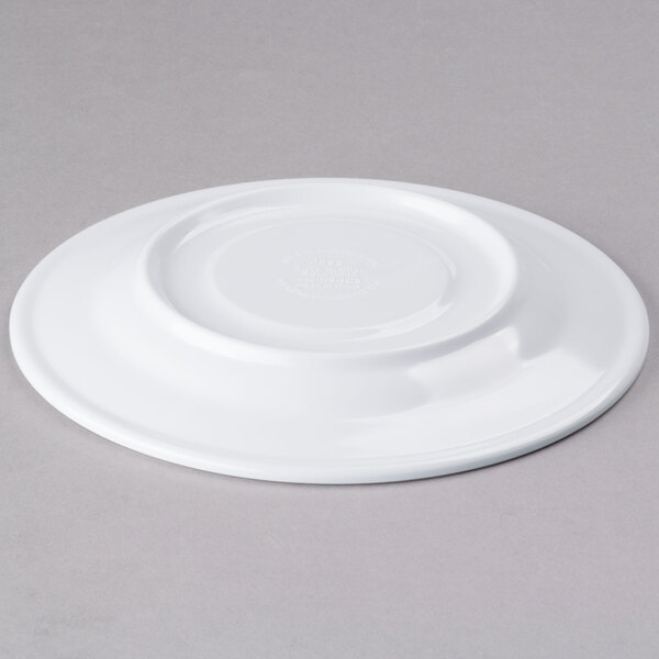 A white Elite Global Solutions melamine coffee saucer with a small rim.
