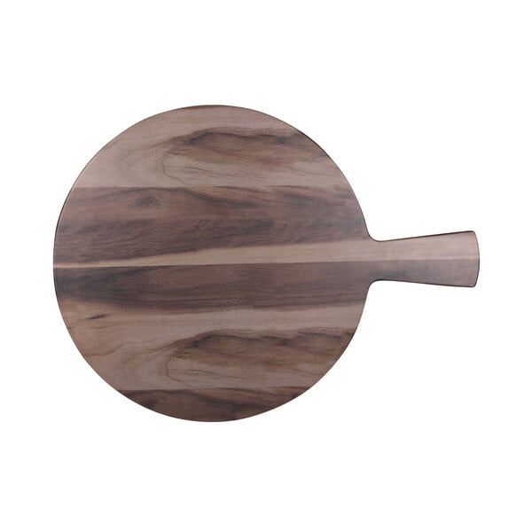 An Elite Global Solutions faux hickory wood serving board with a handle.