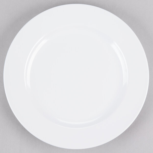 A white Elite Global Solutions melamine plate with a white rim.