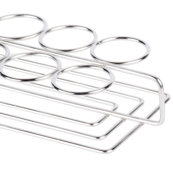 A Clipper Mill stainless steel wire rack with ten round metal rings.