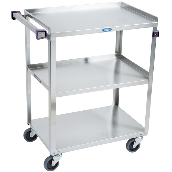 A Lakeside stainless steel utility cart with purple handles.
