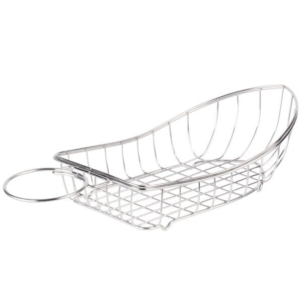 A stainless steel boat basket with a condiment holder ring.