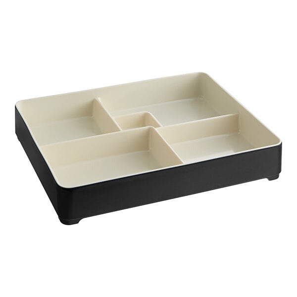 A black and white rectangular tray with four compartments.