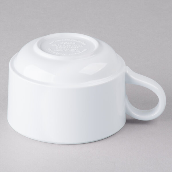 A white Elite Global Solutions melamine cup with a handle.