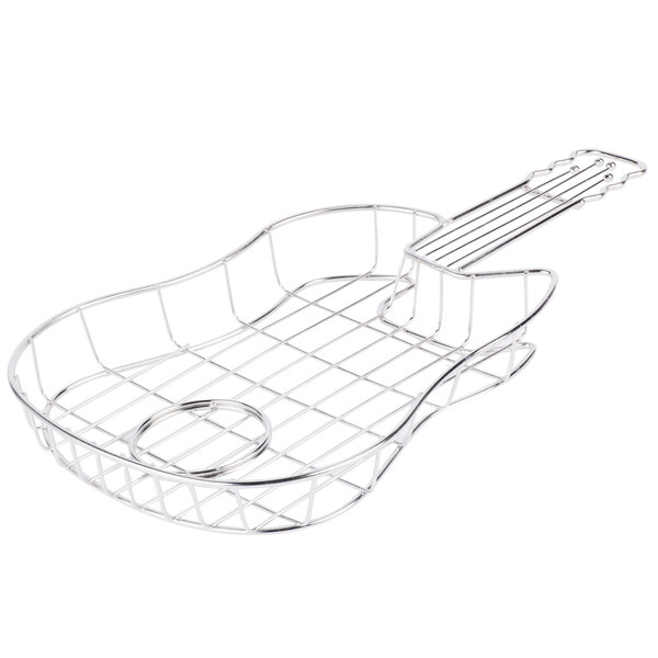 A metal guitar shaped basket with a handle and condiment holder.