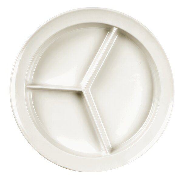 A close-up of a white Thunder Group Nustone Melamine 3 Compartment Serving Plate.