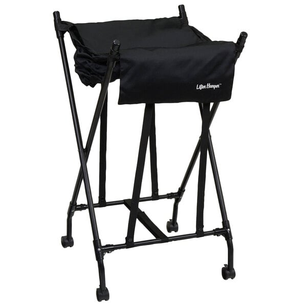 A black folding laundry hamper with wheels.