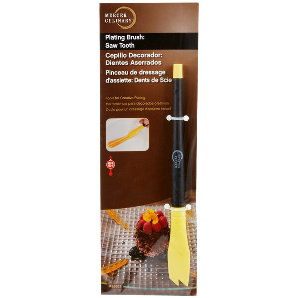 A package of Mercer Culinary Saw Tooth Silicone Brush Plating Tools with a yellow handle.