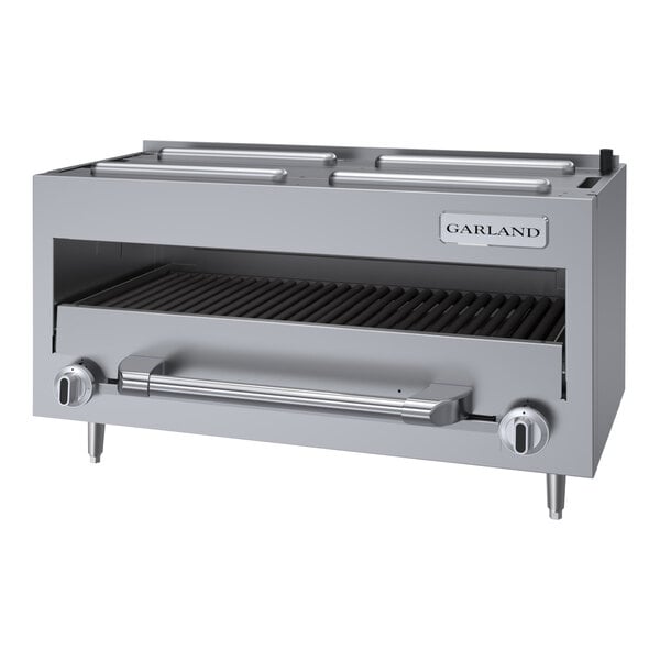 A stainless steel natural gas countertop infra-red salamander broiler with control knobs and a grill rack, designed for commercial kitchen use.