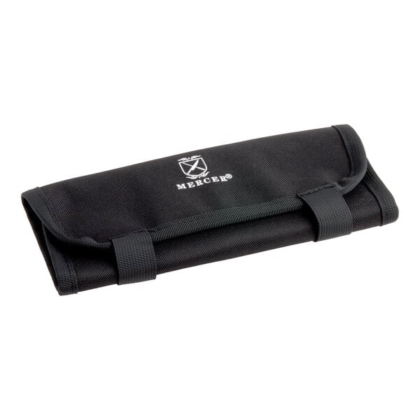 A black Mercer Culinary knife or utensil roll case, closed and secured with straps.