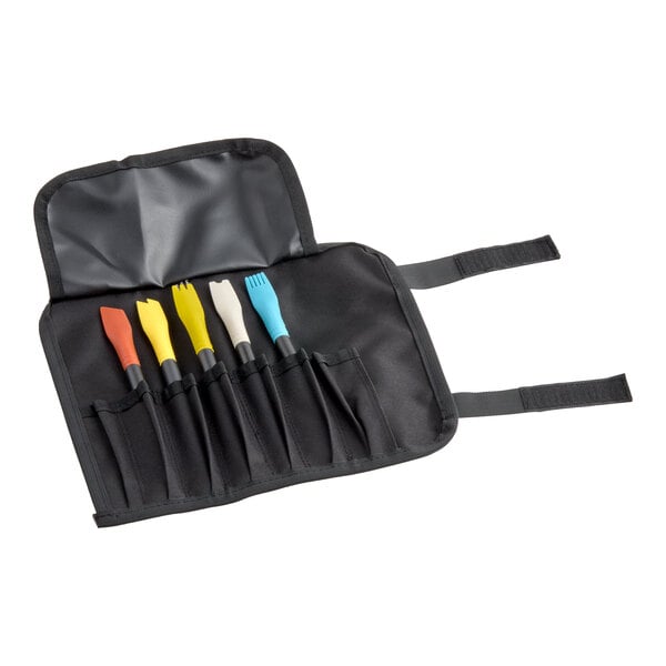 A six-piece silicone brush plating set with multicolored brushes in a black carrying case.