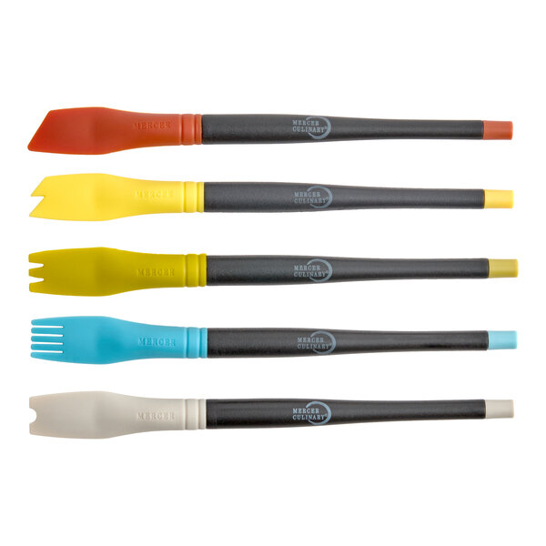 A set of six silicone brush plating tools with black handles and assorted colored brush tips.