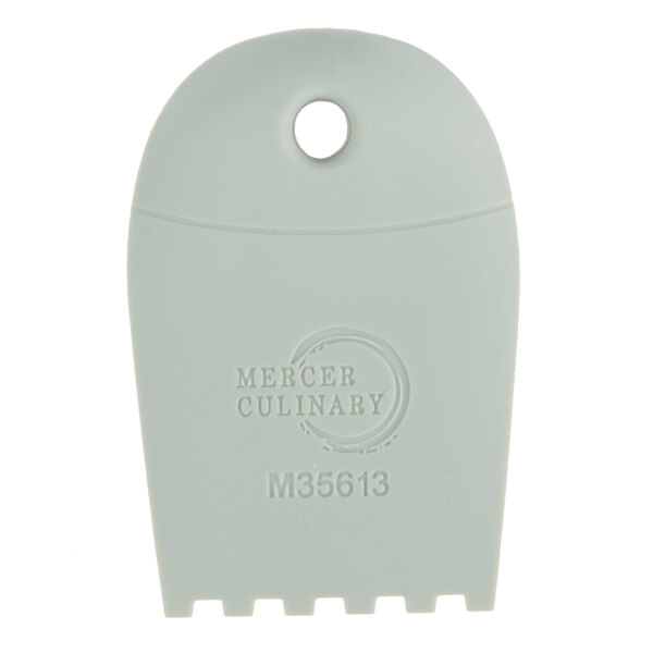 A white plastic tag with the words "Mercer Culinary" and a circle.