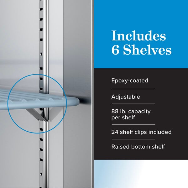 Graphic highlighting 6 adjustable epoxy-coated shelves and included shelf clips.