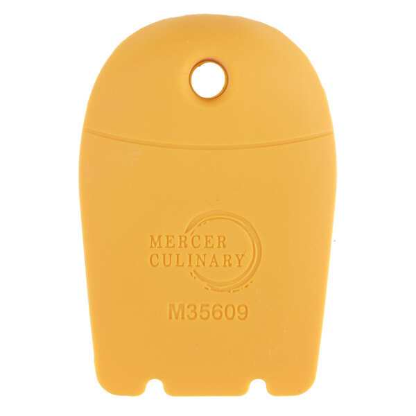 A yellow tag with the Mercer Culinary logo in a circle.
