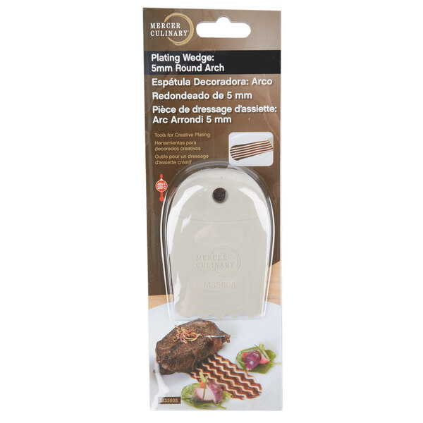 A white package of Mercer Culinary round arch silicone plating tools with a round button on a white object.