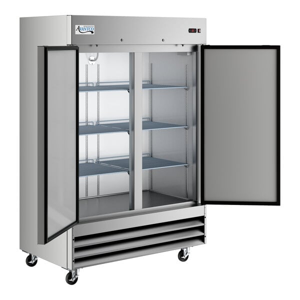 A large stainless steel reach-in freezer with two open solid doors and multiple interior shelves.