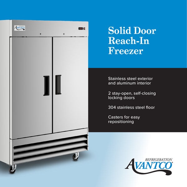 Graphic highlighting two-door freezer with stainless steel exterior and 6 shelves.