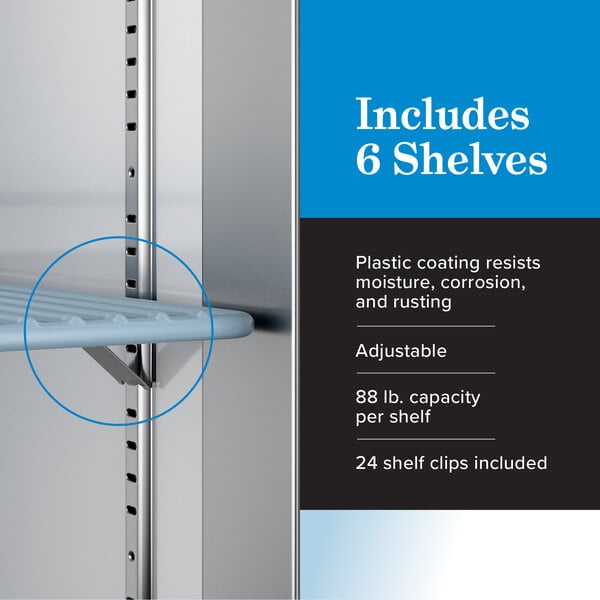 Graphic highlighting 6 adjustable plastic-coated shelves and included shelf clips.