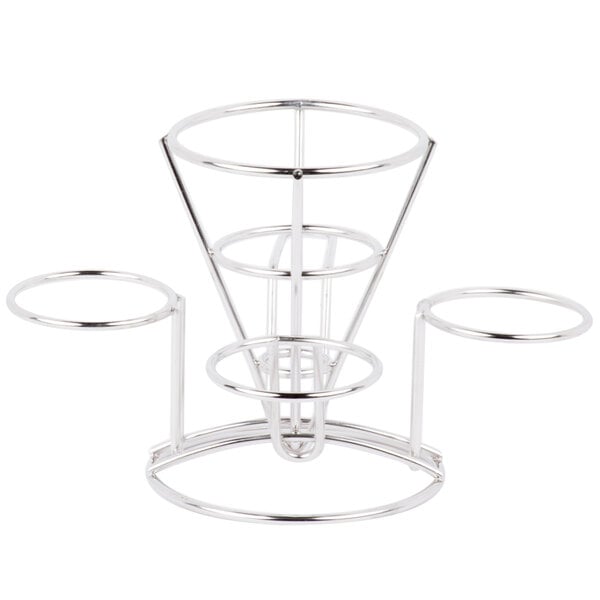A silver stainless steel wire cone basket stand with three round metal cup holders.