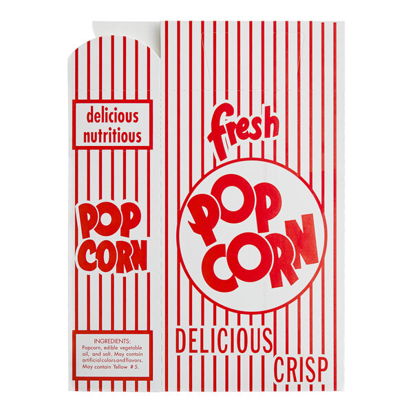 A red and white Great Western popcorn box with text.