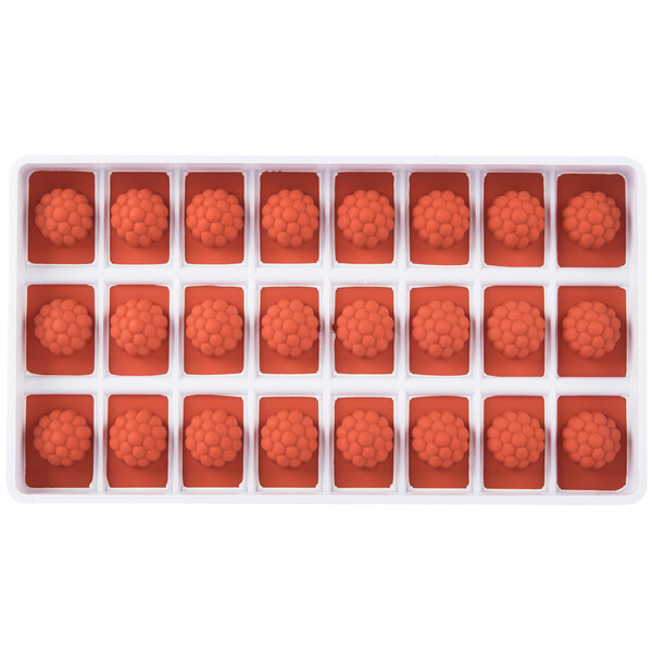 A white background with a tray of red Martellato raspberry molds.