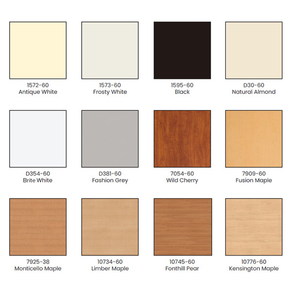 An image showing a selection of laminate color and wood finish options for a Structural Concepts CO63R-CH Oasis Black 71" Counter Height Air Curtain Merchandiser.