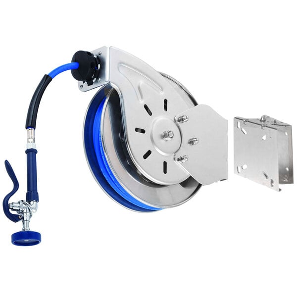 A blue and silver T&S hose reel wheel with a hose attached.