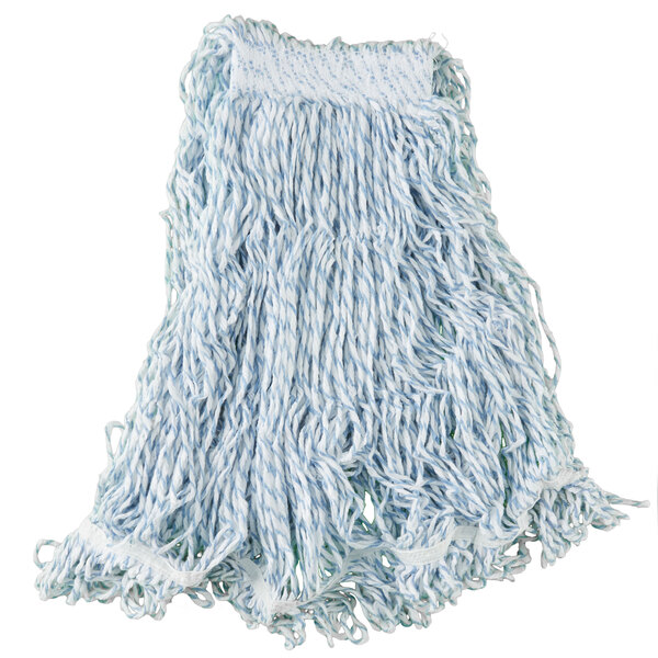 A Rubbermaid blue wet mop with white fringes.