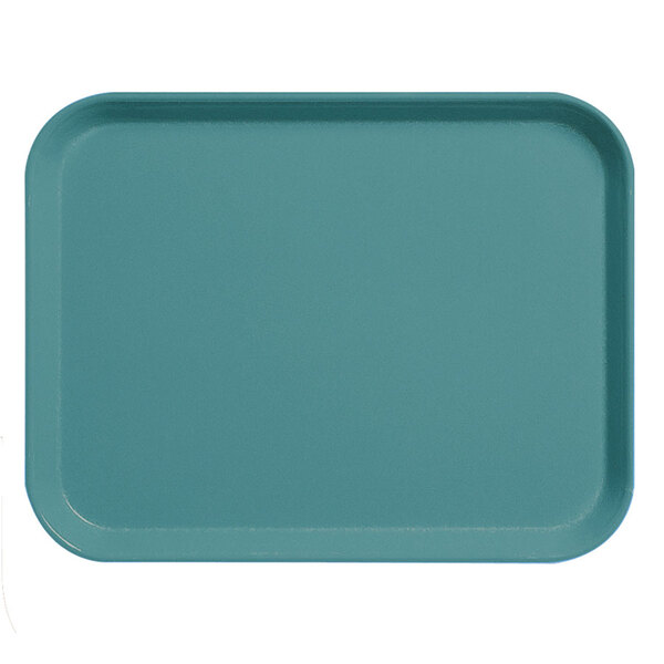 A blue rectangular Cambro serving tray with a white border.