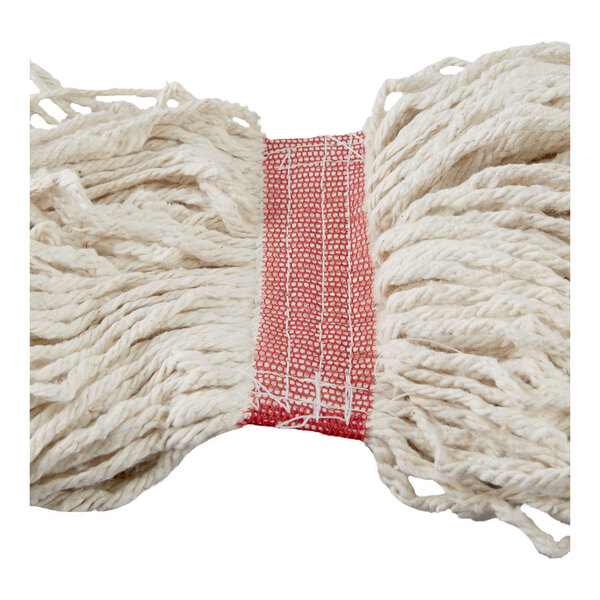 A close up of a Rubbermaid white blend wet mop with red trim.