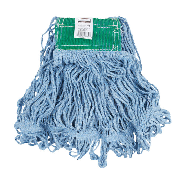 A blue Rubbermaid mop head with a green headband.