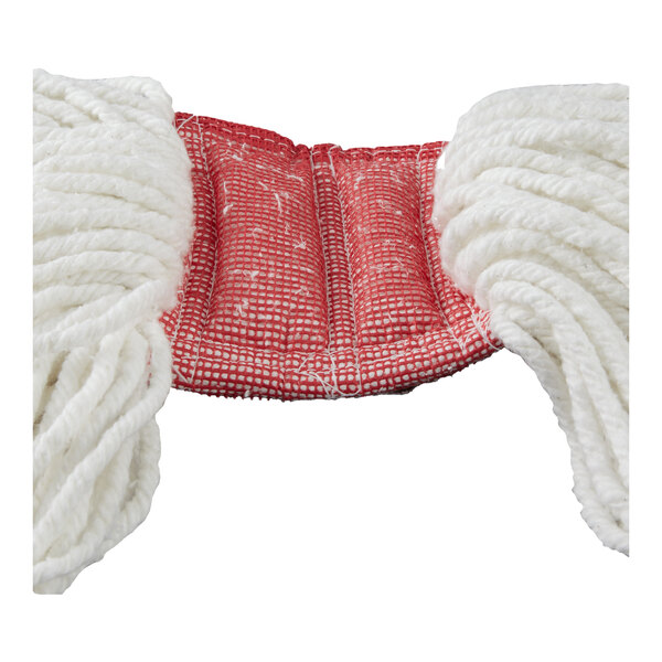 A red and white Rubbermaid Web Foot wet mop with a white headband.