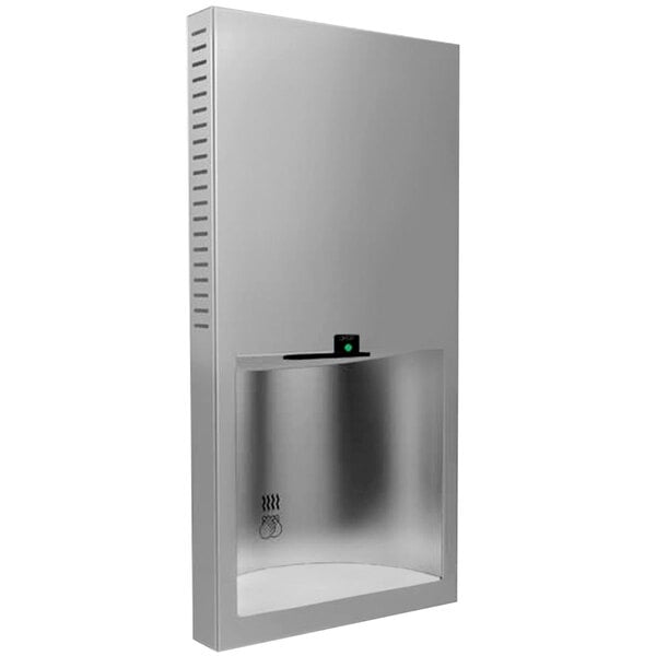 A silver rectangular Bobrick TrimLine series recessed hand dryer with a green light.