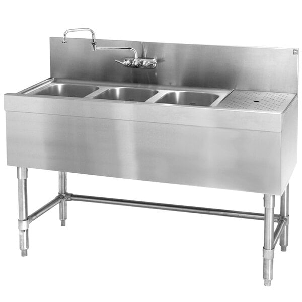 An Eagle Group stainless steel underbar sink with three bowls, a faucet, and a right drainboard.