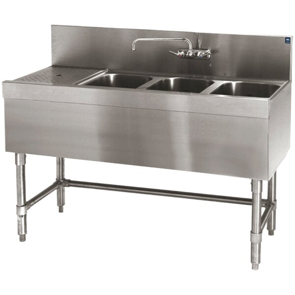 A stainless steel Eagle Group underbar sink with three bowls and a left drainboard.