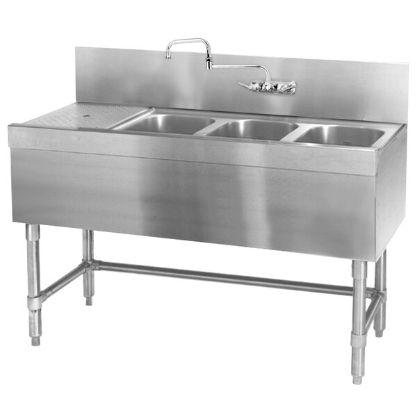 A close up of an Eagle Group stainless steel underbar sink with three bowls and a left drainboard.