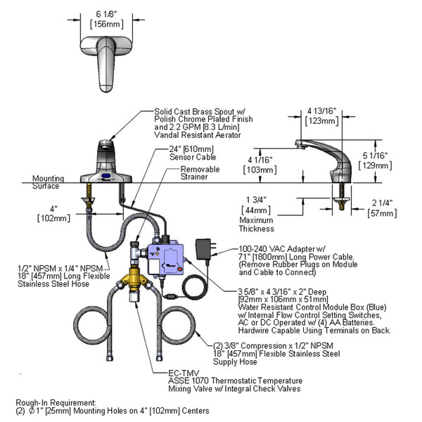 A diagram of a T&S Deck Mounted ChekPoint Faucet with a Thermostatic Mixing Valve.
